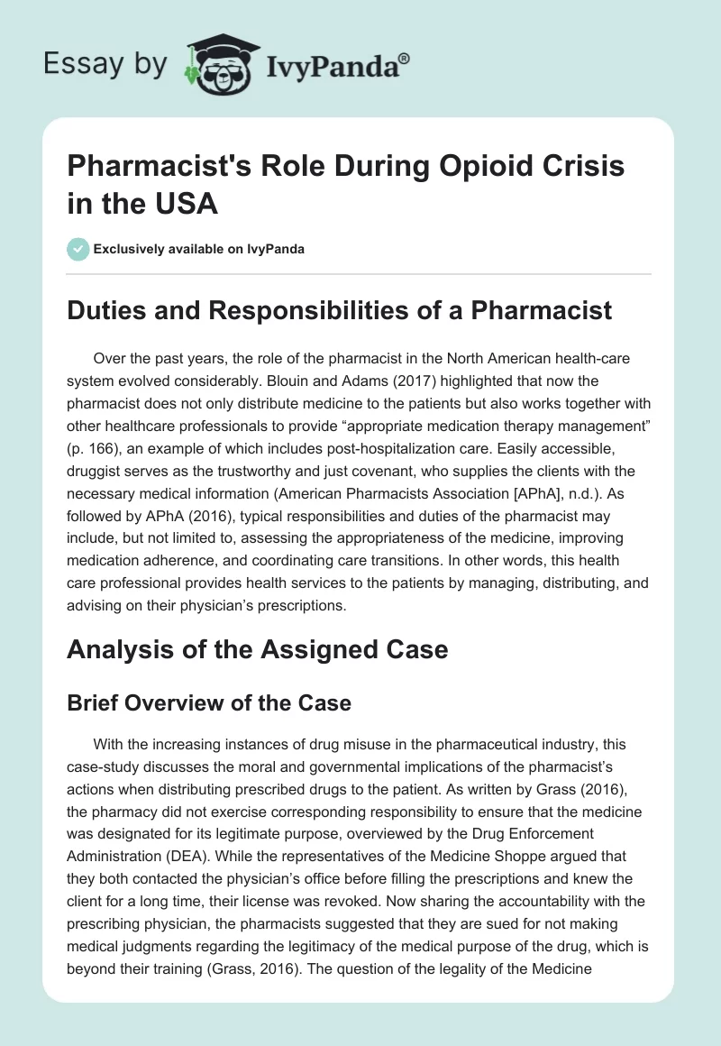 Pharmacist's Role During Opioid Crisis in the USA. Page 1
