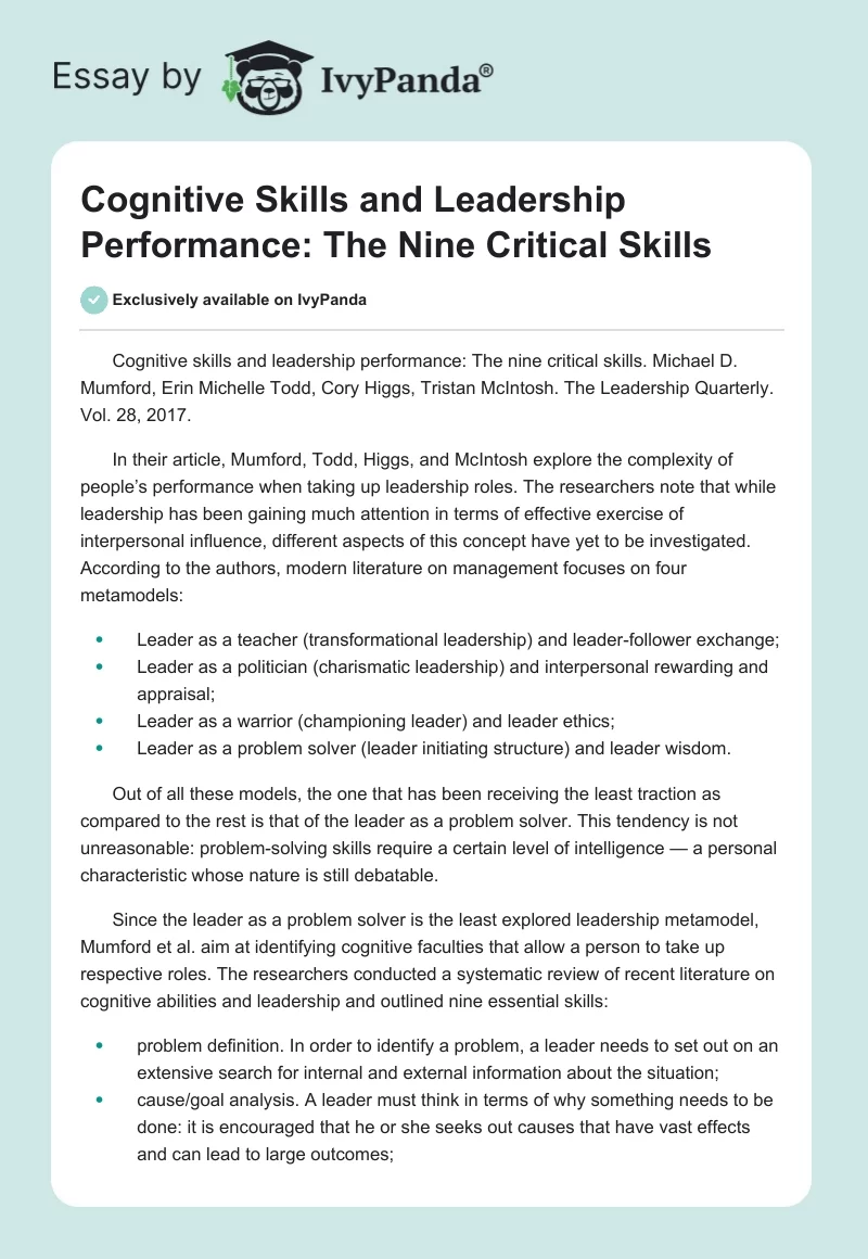 Cognitive Skills and Leadership Performance: The Nine Critical Skills. Page 1