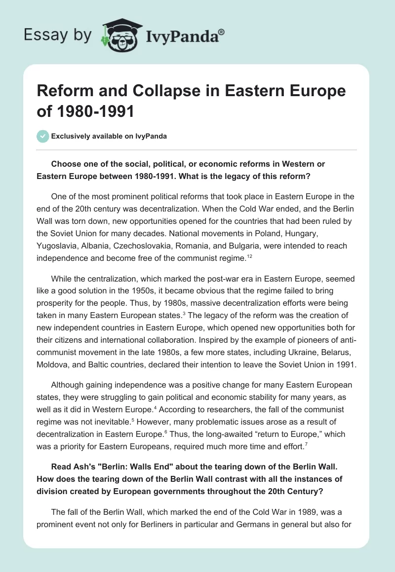 Reform and Collapse in Eastern Europe of 1980-1991. Page 1