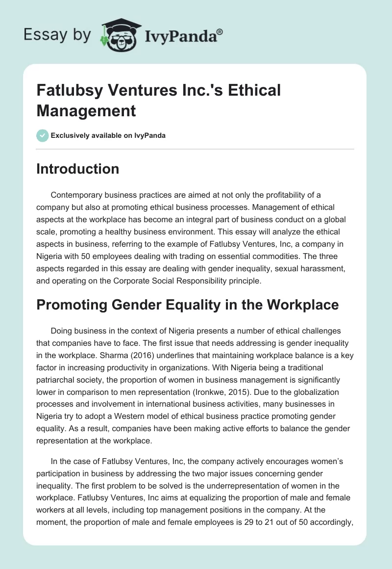 Fatlubsy Ventures Inc.'s Ethical Management. Page 1