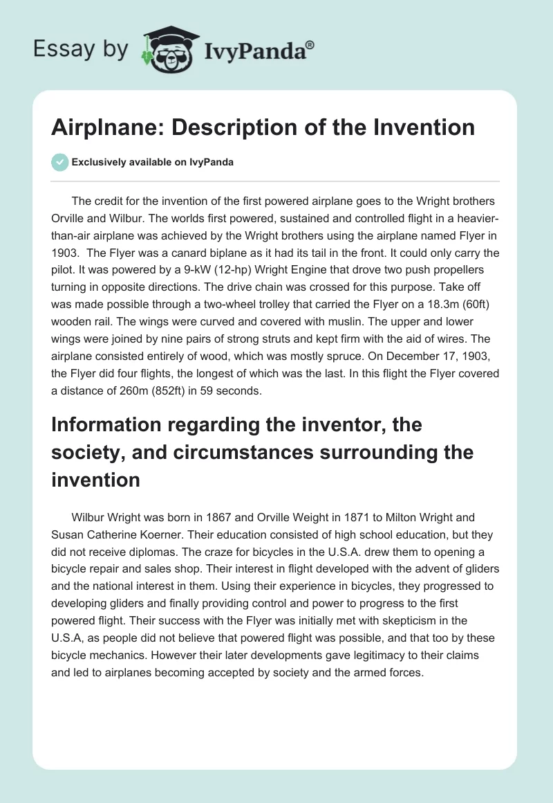Airplnane: Description of the Invention. Page 1