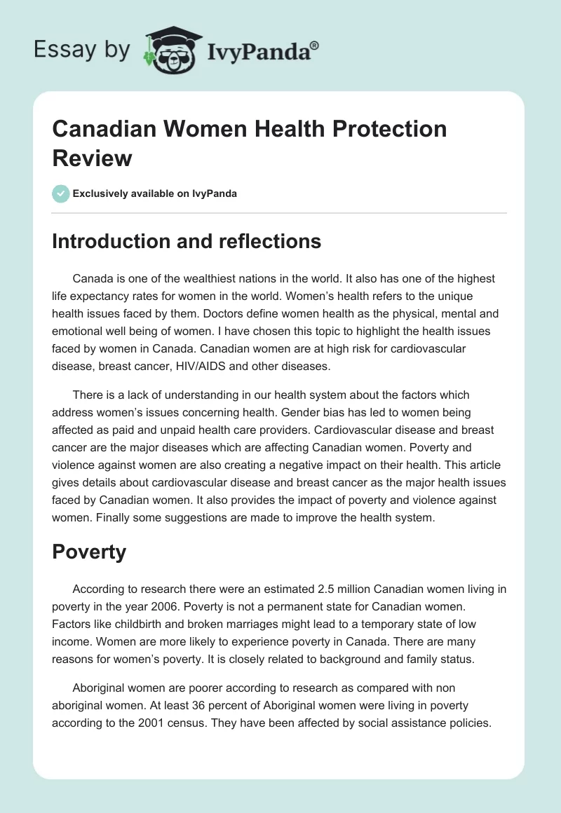 Canadian Women Health Protection Review. Page 1