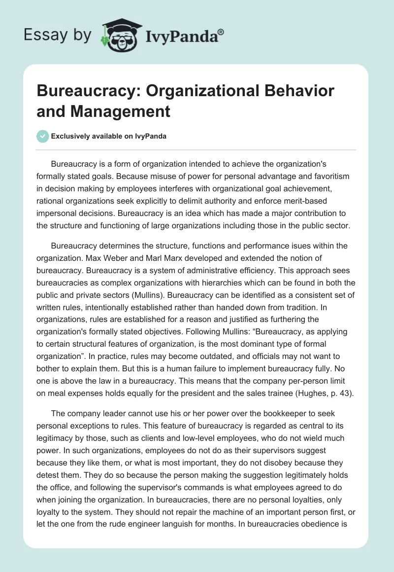 Bureaucracy: Organizational Behavior and Management. Page 1