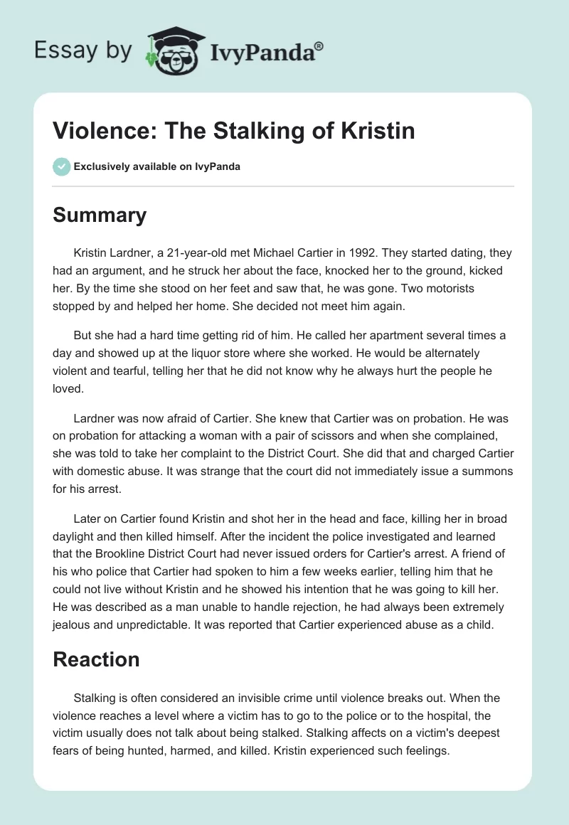 Violence: The Stalking of Kristin. Page 1