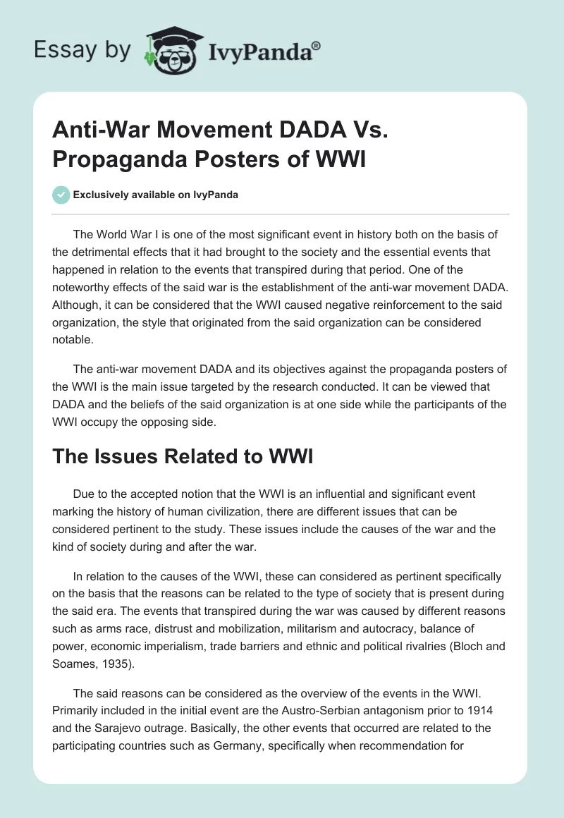 Anti-War Movement DADA Vs. Propaganda Posters of WWI. Page 1