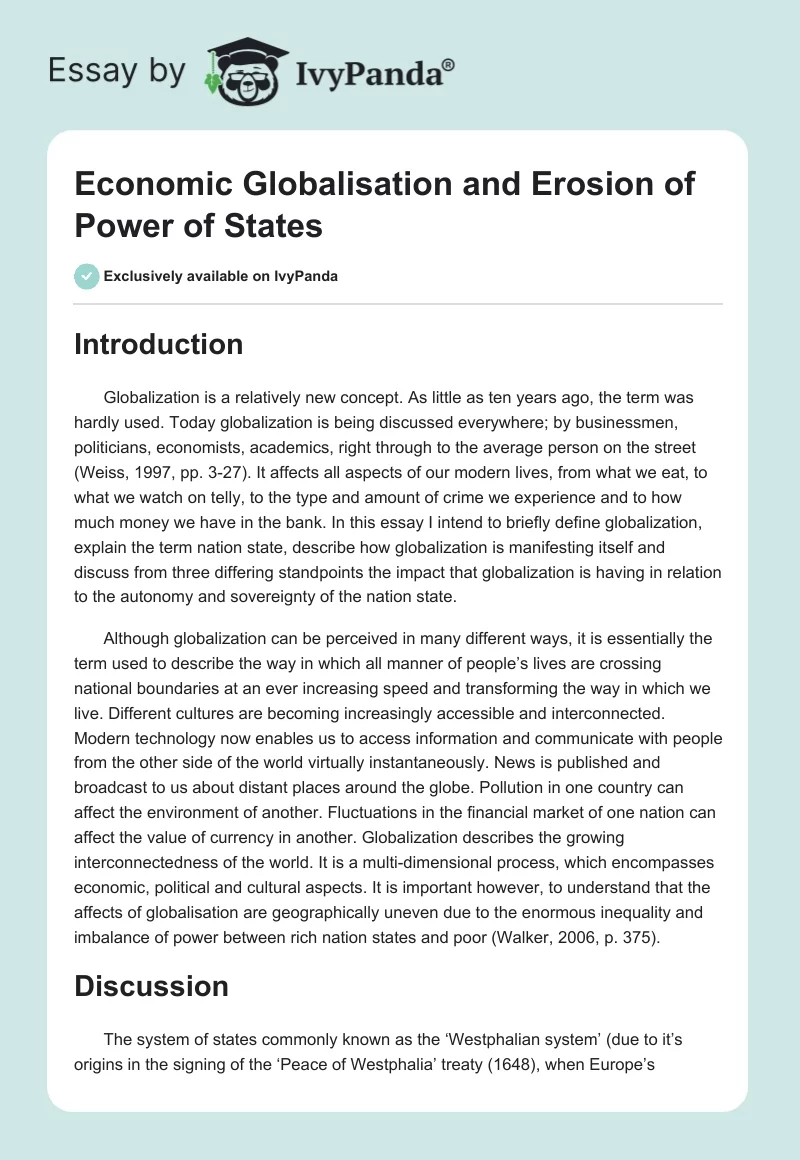 Economic Globalisation and Erosion of Power of States. Page 1
