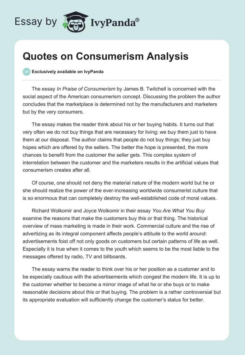 Quotes on Consumerism Analysis. Page 1