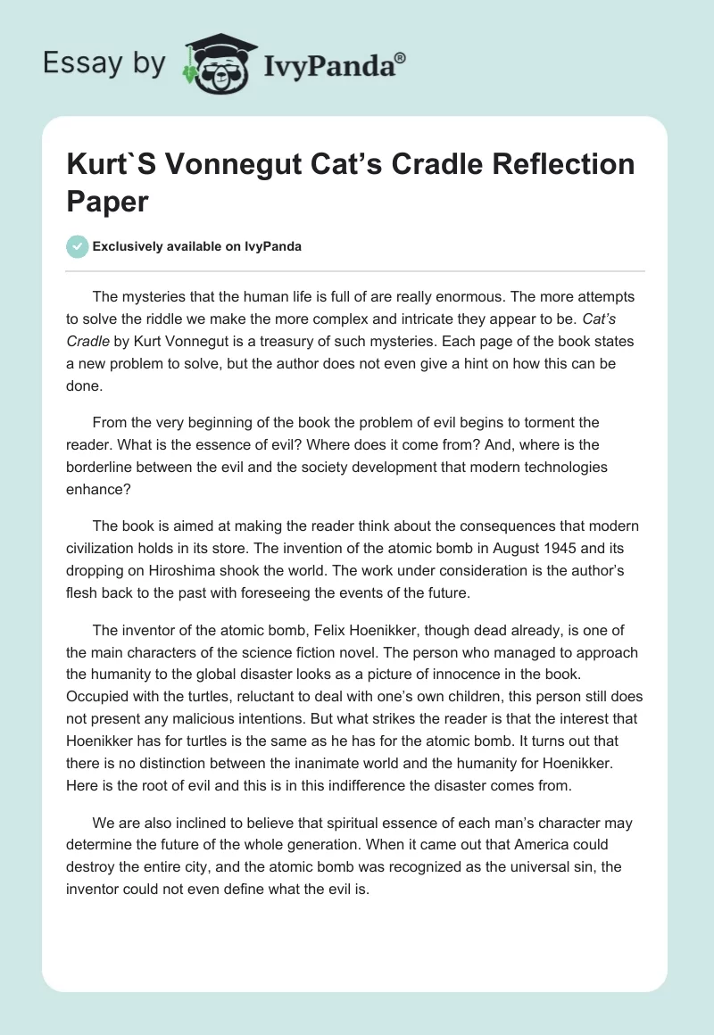 Kurt`S Vonnegut Cat’s Cradle Reflection Paper. Page 1