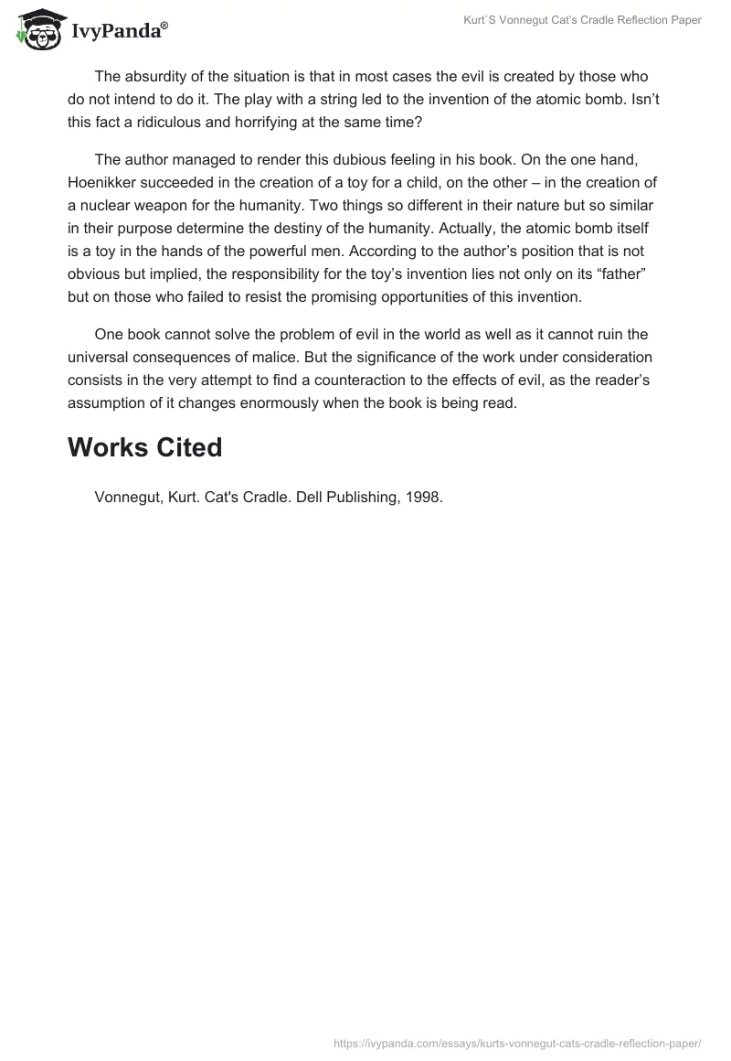 Kurt`S Vonnegut Cat’s Cradle Reflection Paper. Page 2