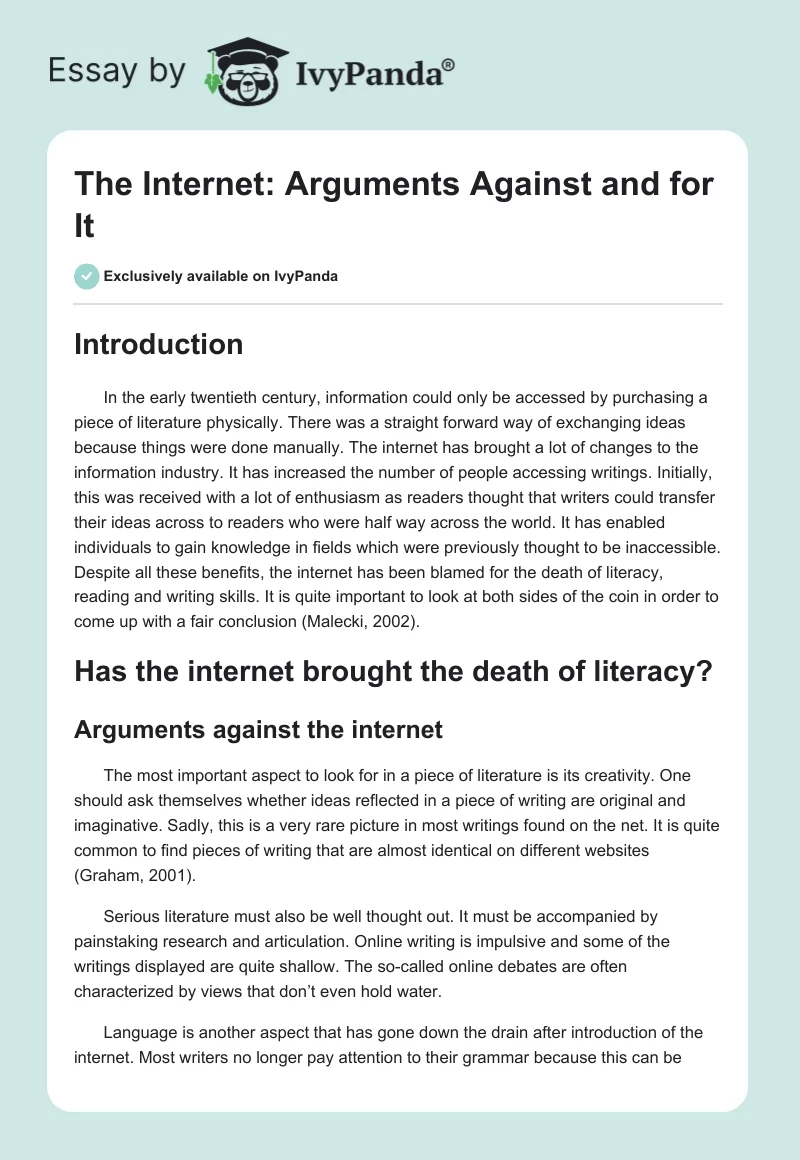 The Internet: Arguments Against and for It. Page 1