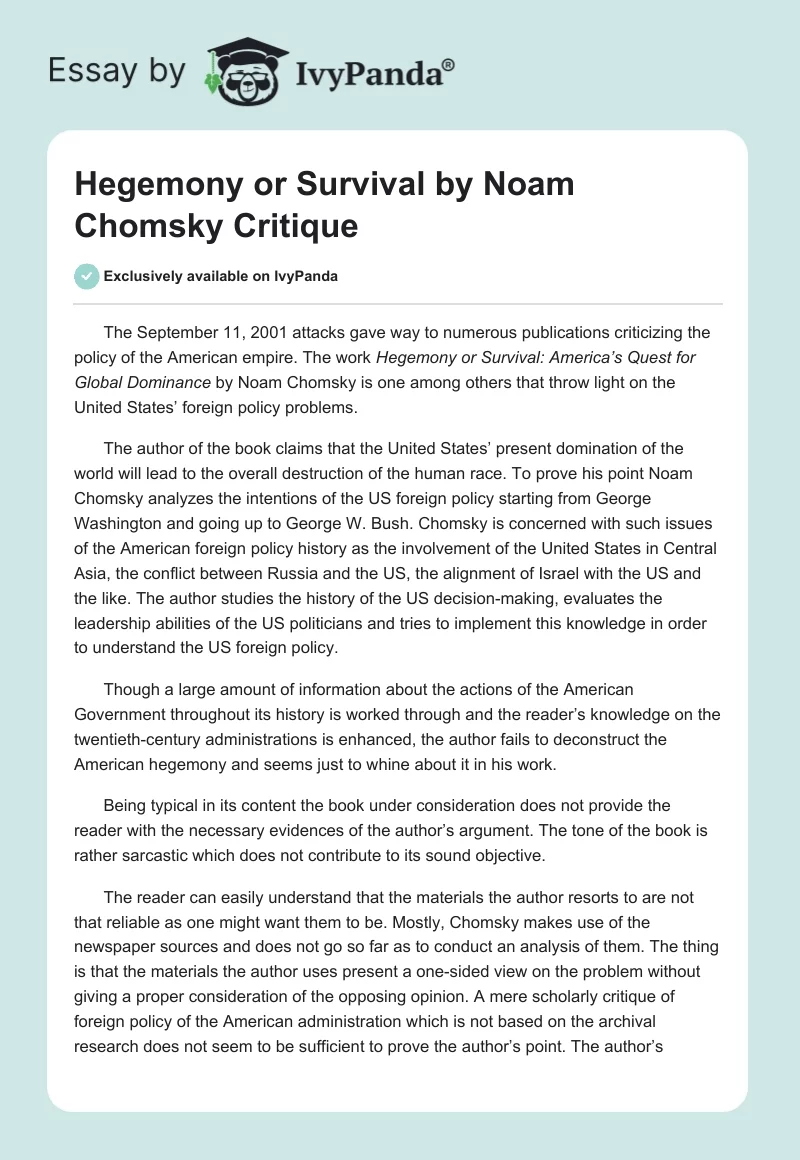 "Hegemony or Survival" by Noam Chomsky Critique. Page 1