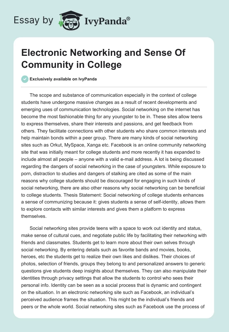 Electronic Networking and Sense Of Community in College. Page 1