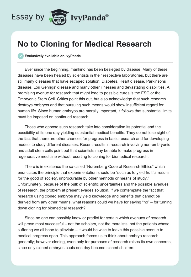 No to Cloning for Medical Research. Page 1