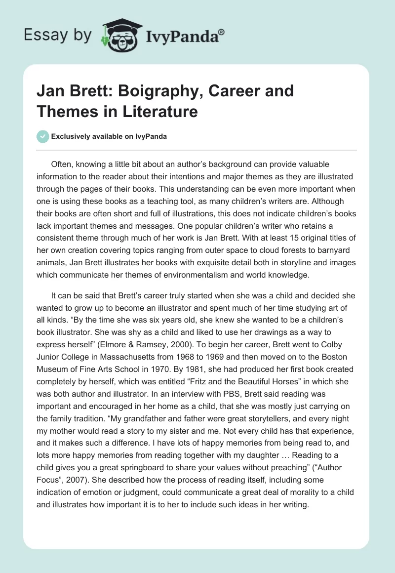 Jan Brett: Boigraphy, Career and Themes in Literature. Page 1
