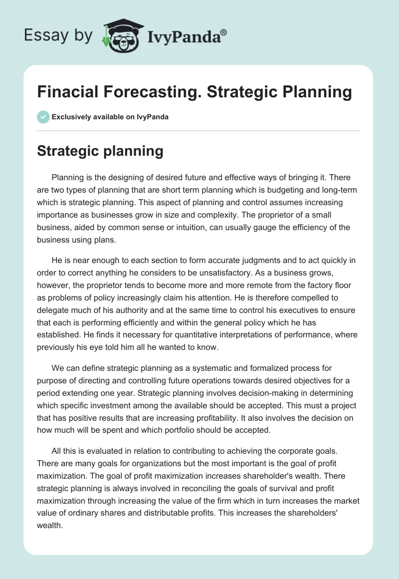 Finacial Forecasting. Strategic Planning. Page 1