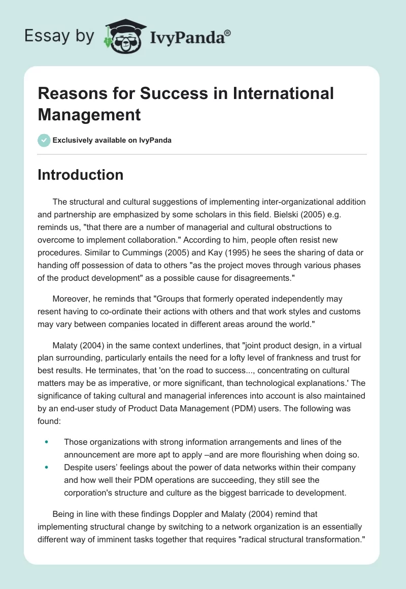 Reasons for Success in International Management. Page 1
