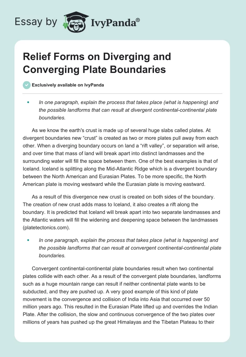 Relief Forms on Diverging and Converging Plate Boundaries. Page 1