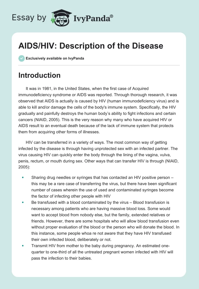 AIDS/HIV: Description of the Disease. Page 1