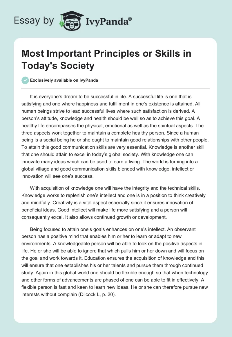 Most Important Principles or Skills in Today's Society. Page 1