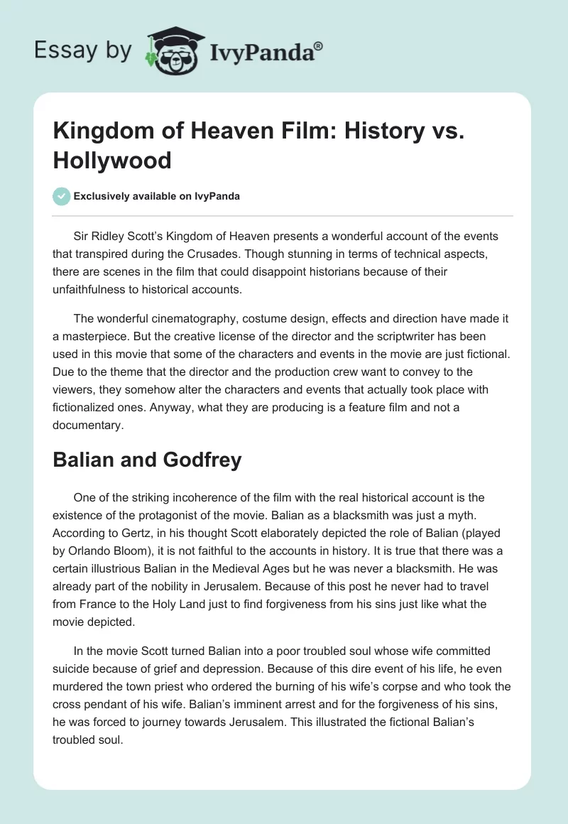 "Kingdom of Heaven" Film: History vs. Hollywood. Page 1