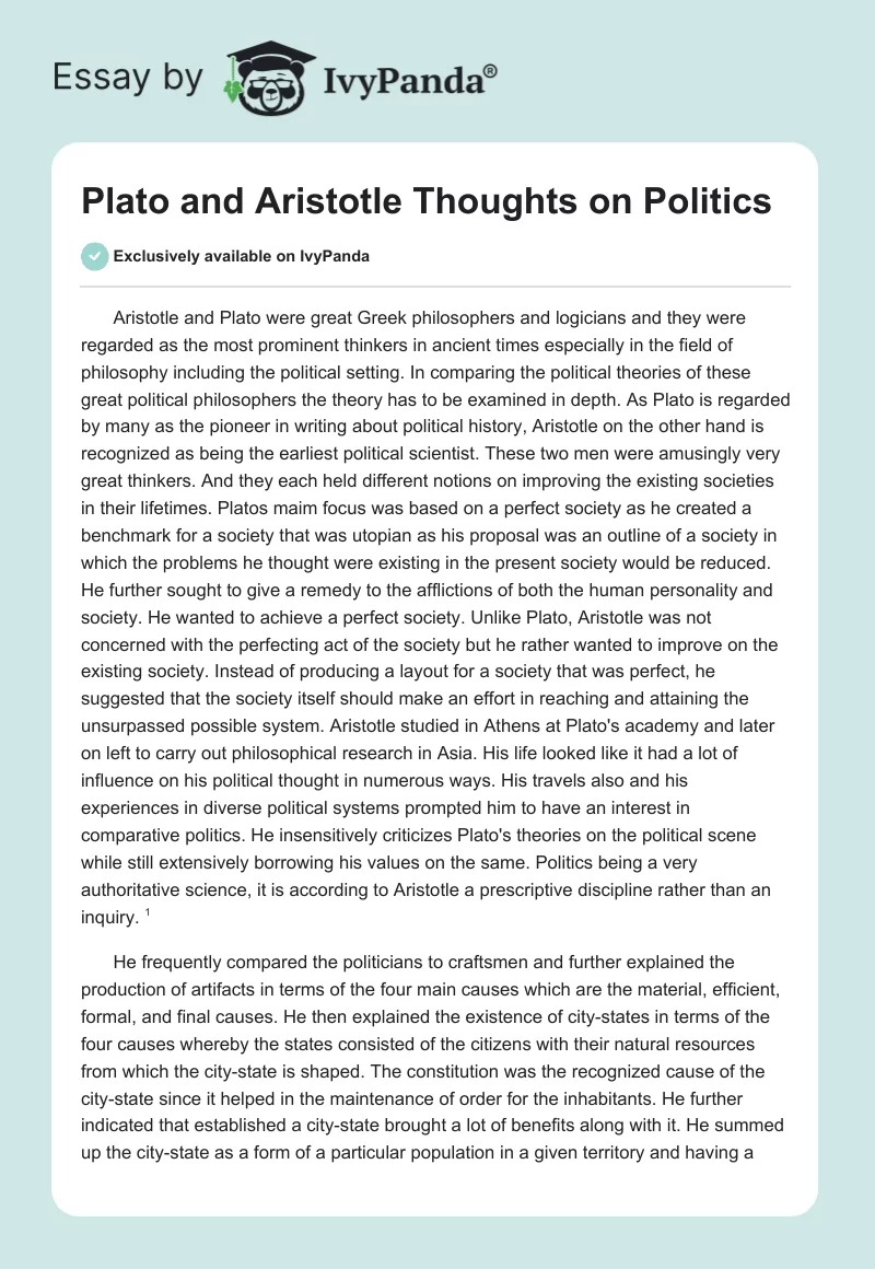 Plato and Aristotle Thoughts on Politics. Page 1