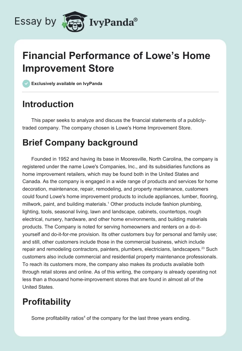 Financial Performance of Lowe’s Home Improvement Store. Page 1
