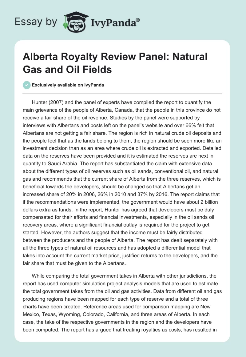 Alberta Royalty Review Panel: Natural Gas and Oil Fields. Page 1