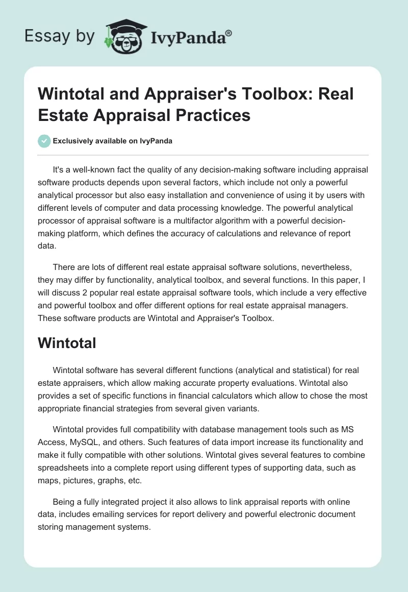 Wintotal and Appraiser's Toolbox: Real Estate Appraisal Practices. Page 1
