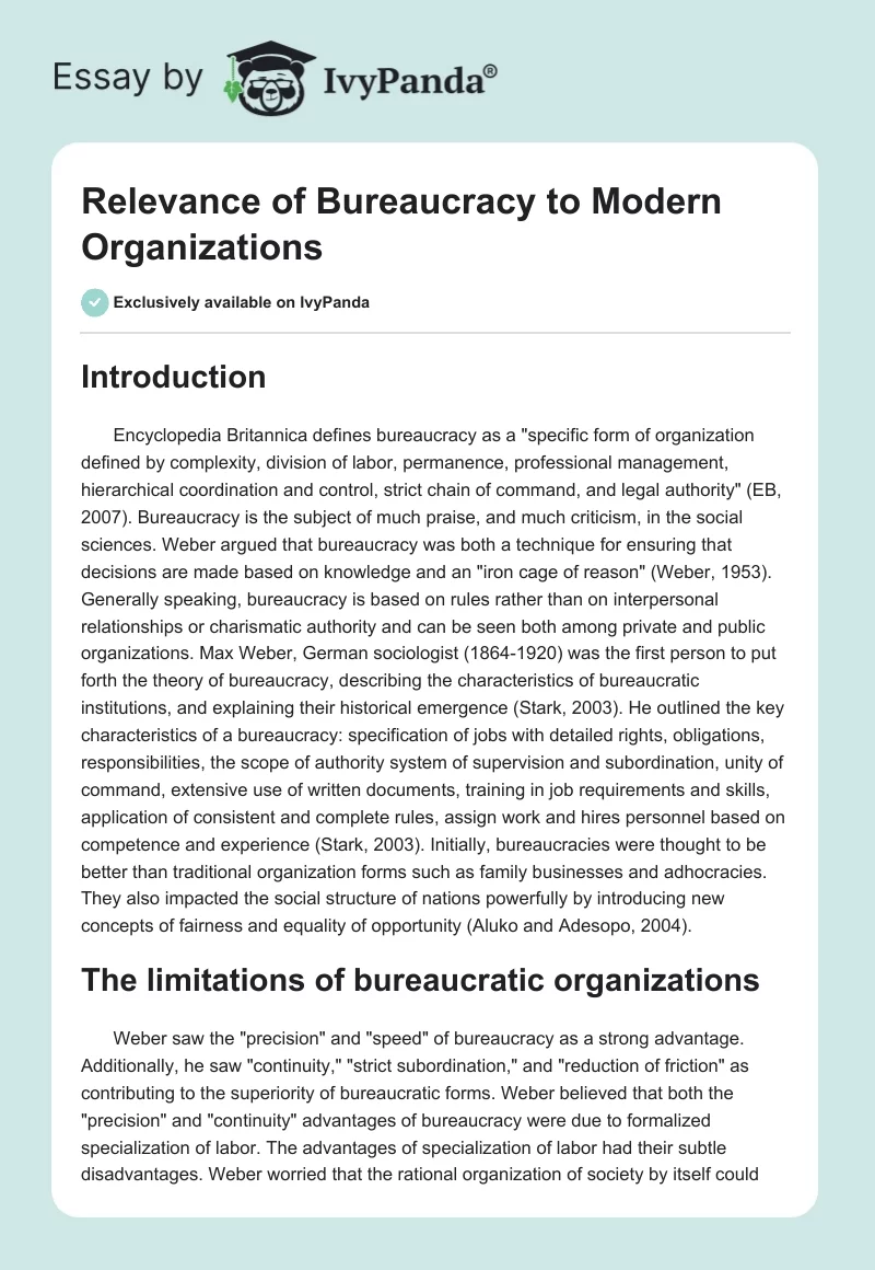 Relevance of Bureaucracy to Modern Organizations. Page 1
