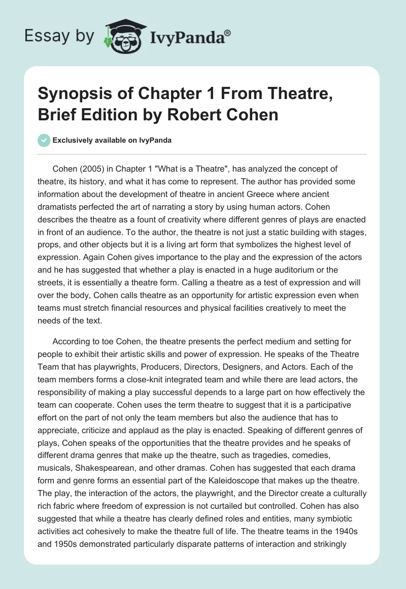 Synopsis of Chapter 1 From "Theatre, Brief Edition" by Robert Cohen. Page 1