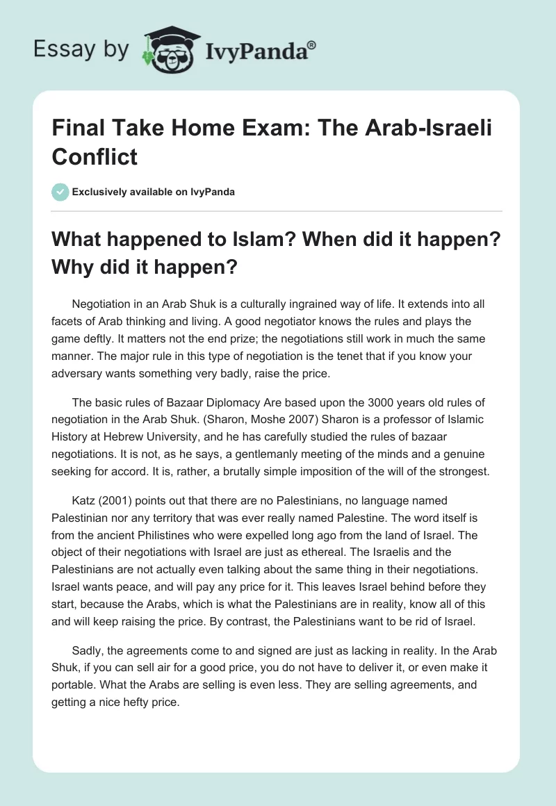 Final Take Home Exam: The Arab-Israeli Conflict. Page 1