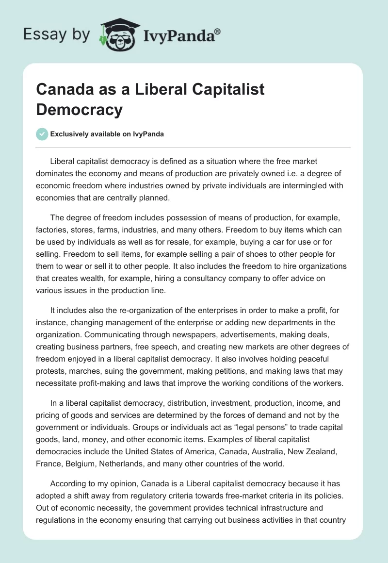 Canada as a Liberal Capitalist Democracy. Page 1