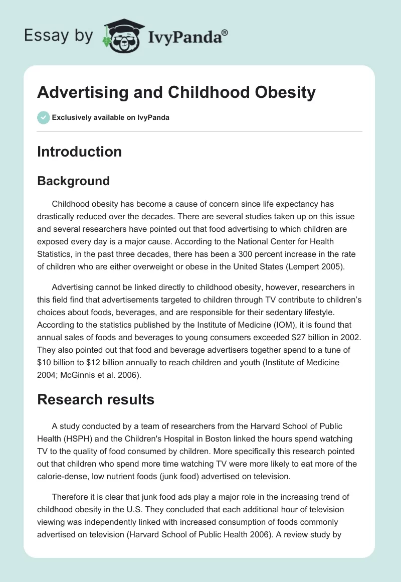 Advertising and Childhood Obesity. Page 1