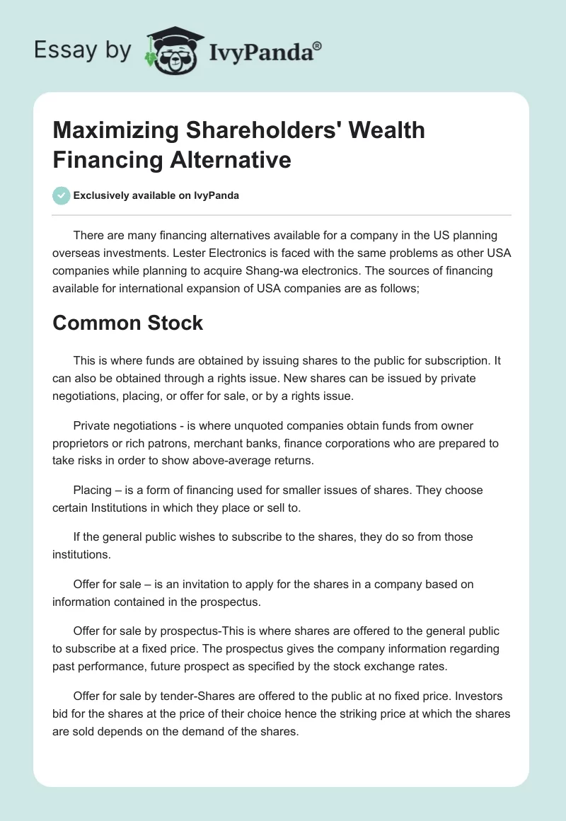 Maximizing Shareholders' Wealth Financing Alternative. Page 1