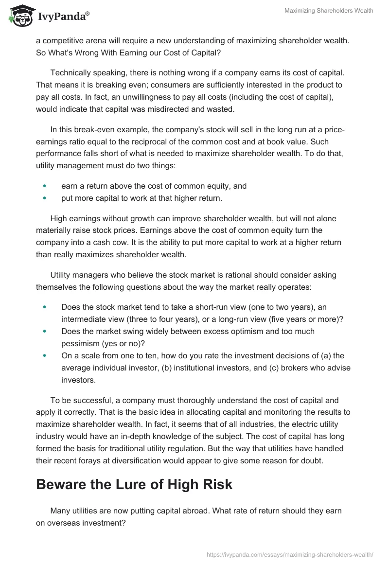 Maximizing Shareholders Wealth. Page 2