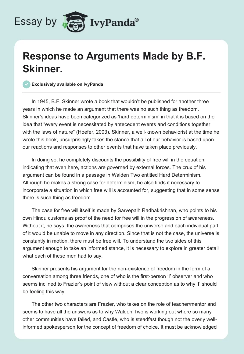 Response to Arguments Made by B.F. Skinner.. Page 1
