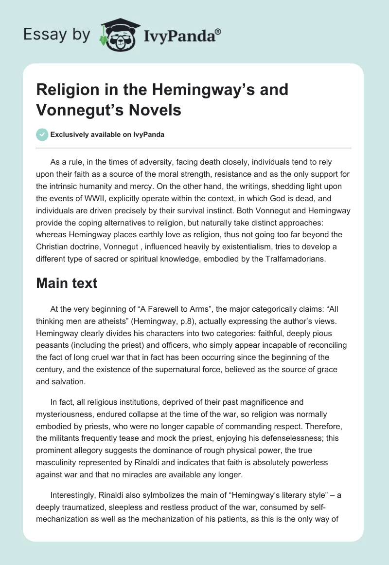 Religion in the Hemingway’s and Vonnegut’s Novels. Page 1