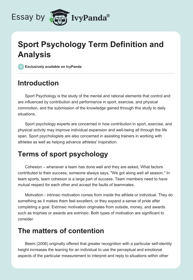 Sport Psychology Term Definition and Analysis. Page 1