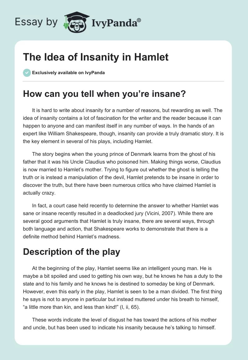 The Idea of Insanity in "Hamlet". Page 1