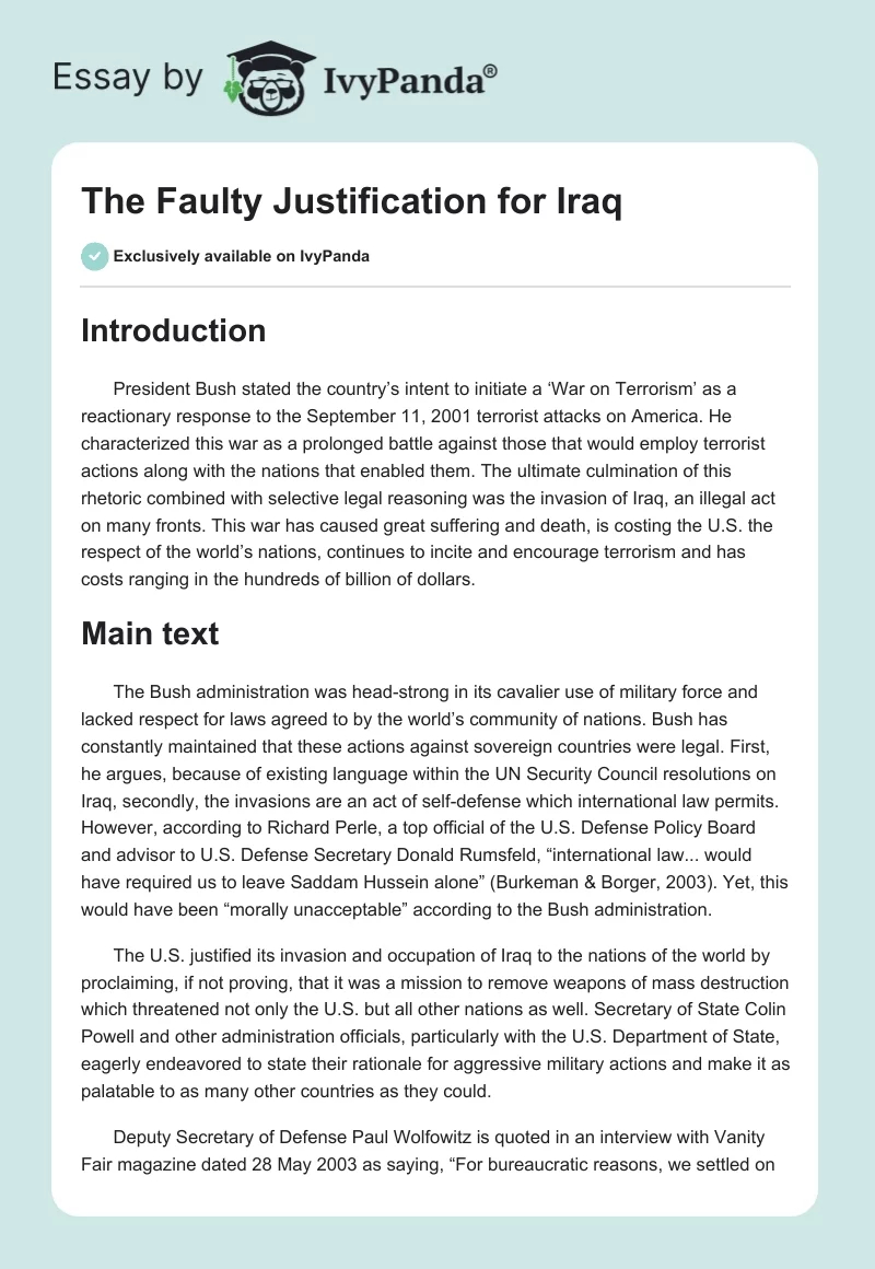 The Faulty Justification for Iraq. Page 1