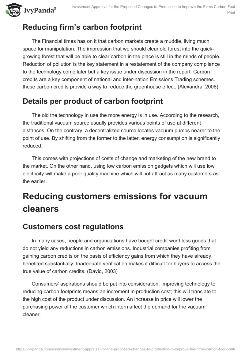 Investment Appraisal for the Proposed Changes to Production to Improve the Firms Carbon Foot Print. Page 2
