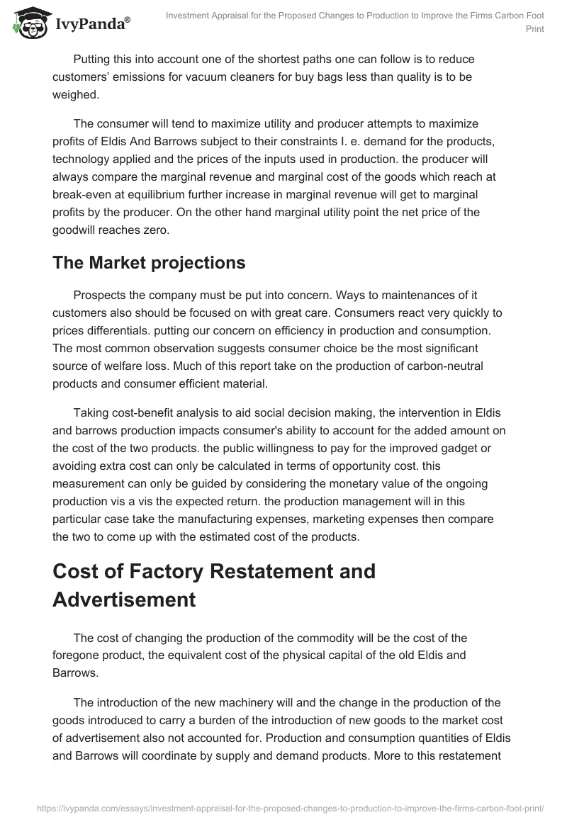 Investment Appraisal for the Proposed Changes to Production to Improve the Firms Carbon Foot Print. Page 3