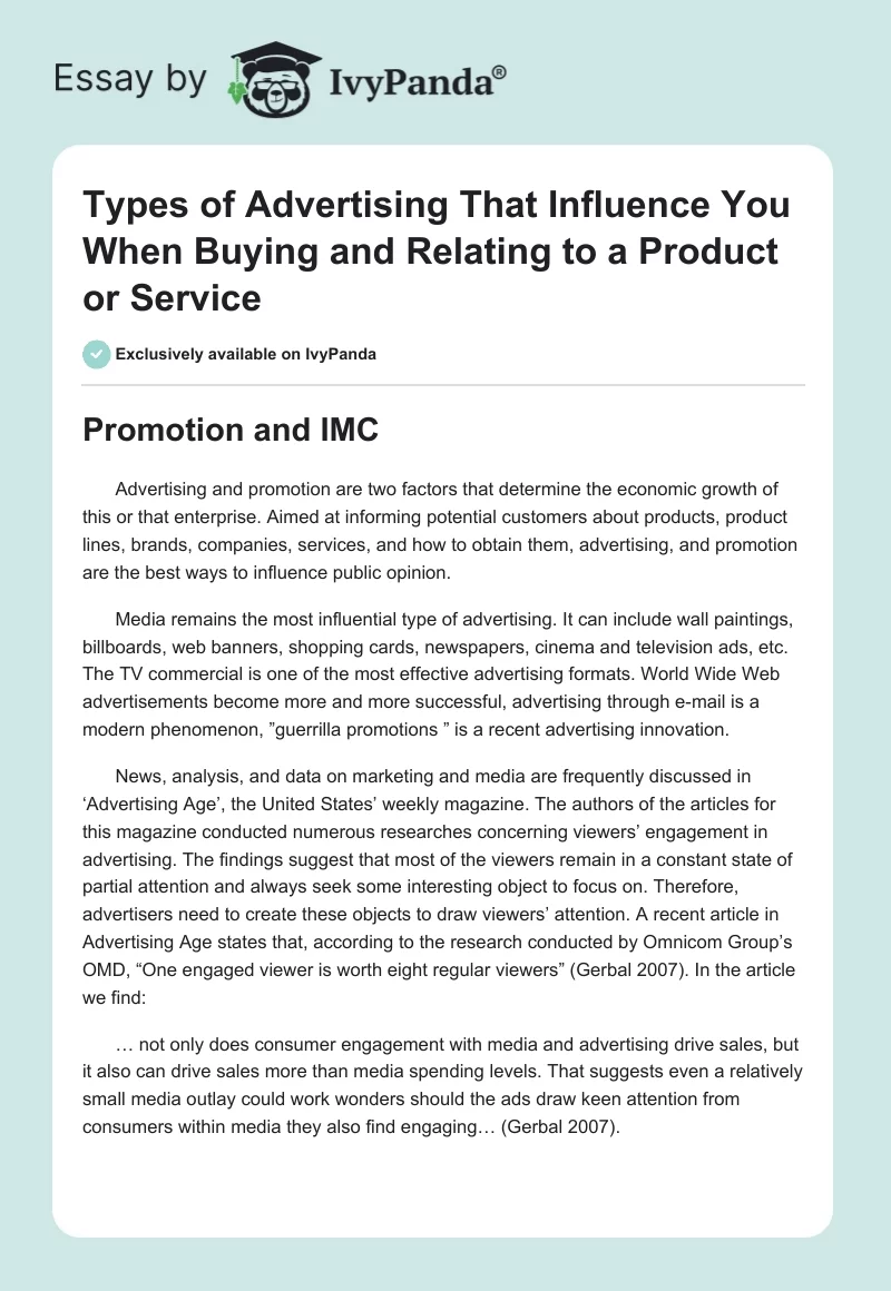 Types of Advertising That Influence You When Buying and Relating to a Product or Service. Page 1