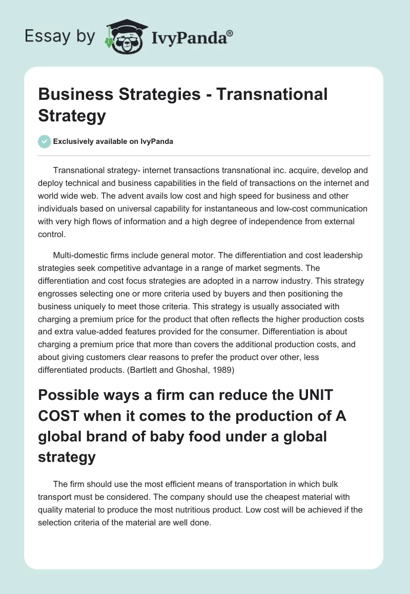 Business Strategies - Transnational Strategy. Page 1