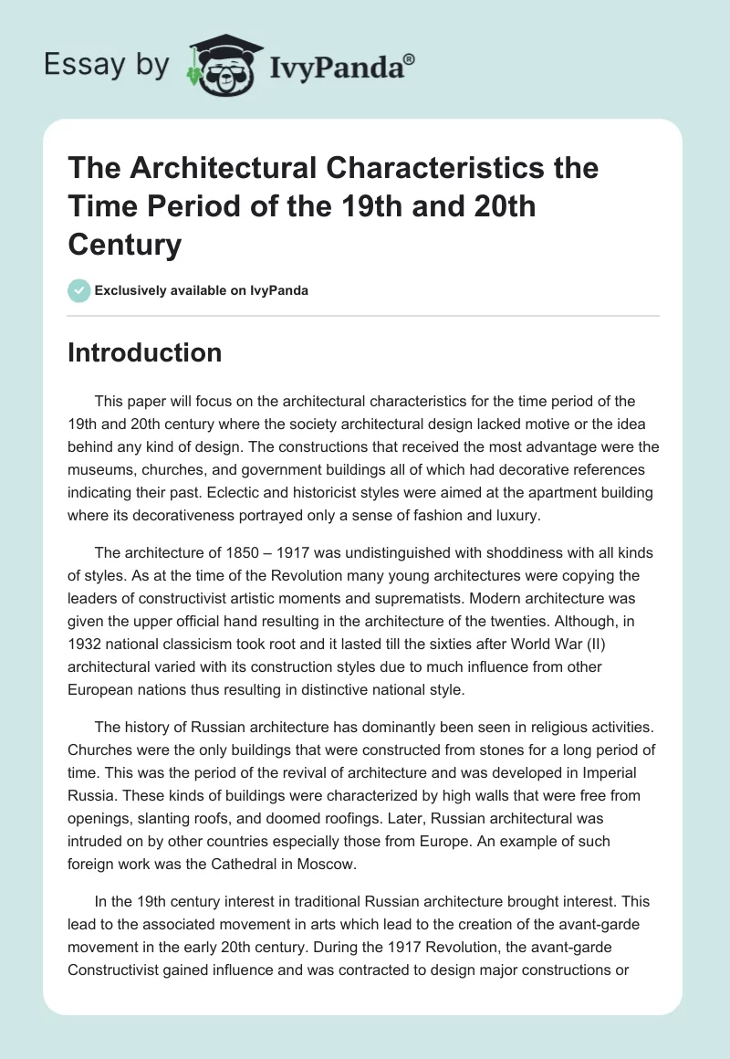The Architectural Characteristics the Time Period of the 19th and 20th Century. Page 1