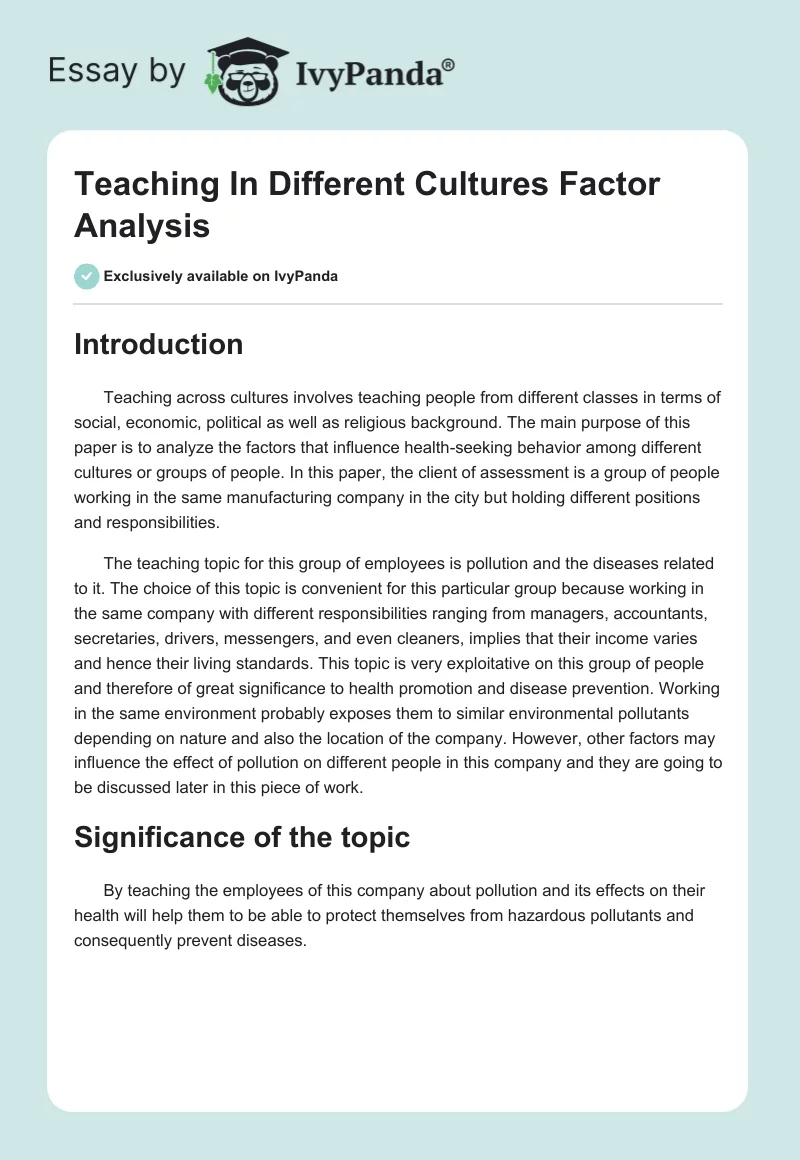 Teaching In Different Cultures Factor Analysis. Page 1