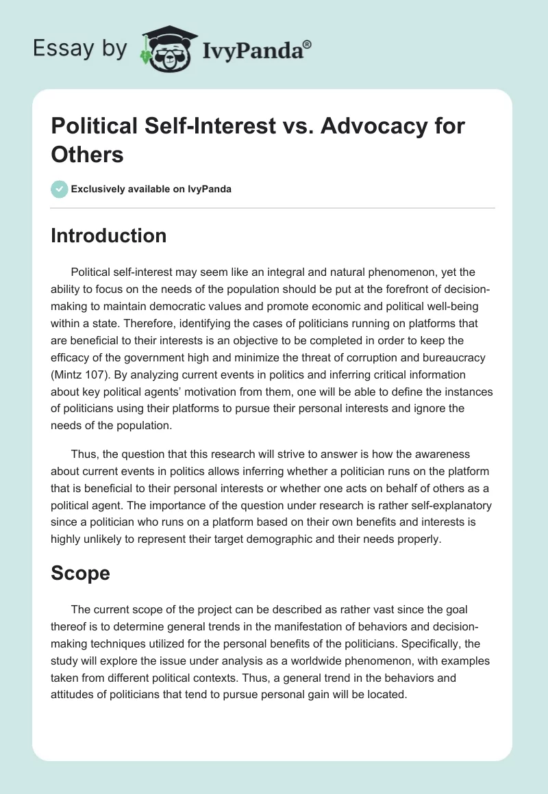 Political Self-Interest vs. Advocacy for Others. Page 1