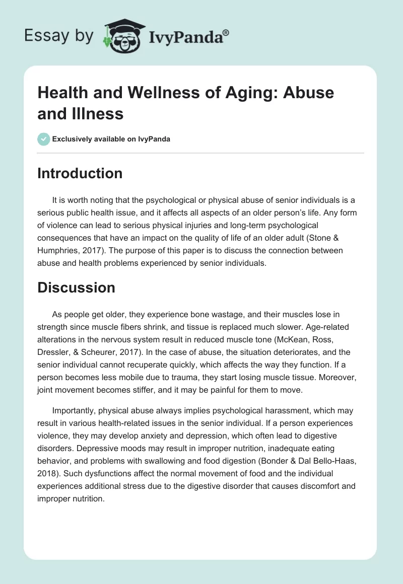 Health and Wellness of Aging: Abuse and Illness. Page 1