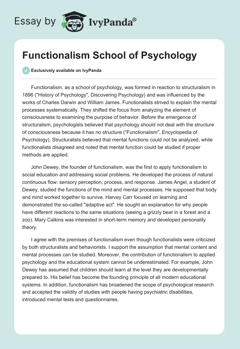 Functionalism School of Psychology. Page 1