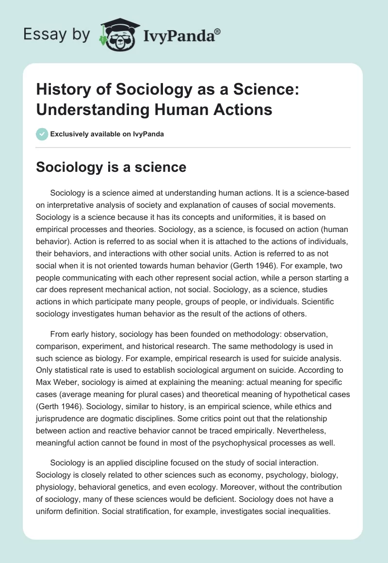 History of Sociology as a Science: Understanding Human Actions. Page 1
